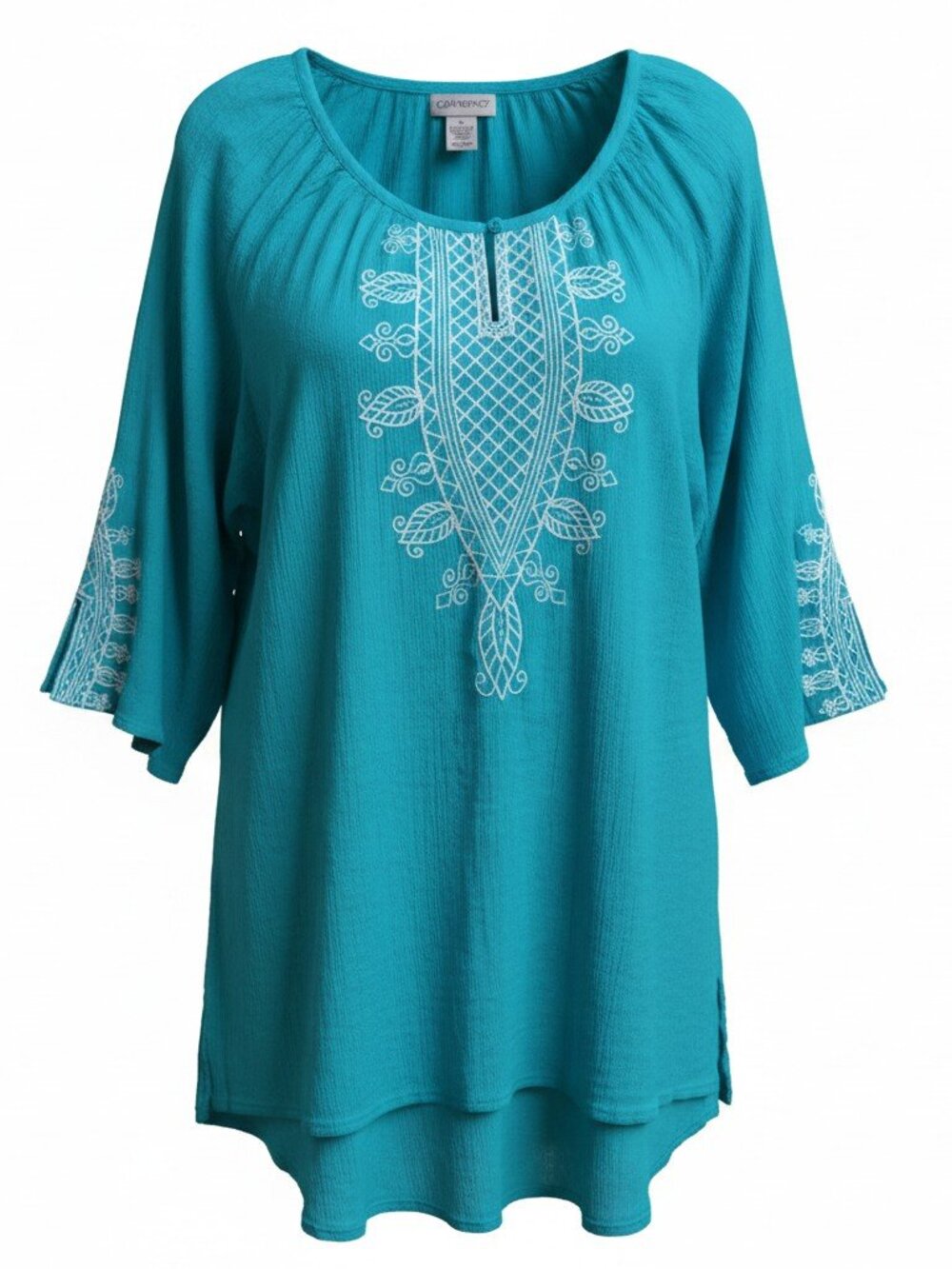 Catherines 3X Teal Embroidered Tunic Top Plus Size Boho Cotton Gauze Flowy